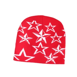 Gorro de punto rojo estilo Y2K con motivos de estrellas jacquard para hombre y mujer