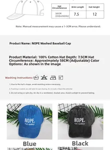 Detailed size chart for the NOPE embroidered washed cotton baseball cap with adjustable strap
