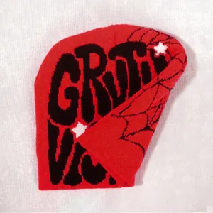 Detailed view of red knitted beanie with black spider web pattern and art lettering