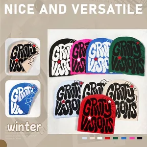 Y2K Street Style Knit Beanie Hat For Women Men Gothic Letter Print Spider Web Pattern Stars Winter Warm Acrylic Skull Cap