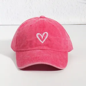 Washed Cotton Baseball Cap Vintage Distressed Soft Top Heart Embroidery Adjustable Sun Hat Casual Outdoor Sport Cap