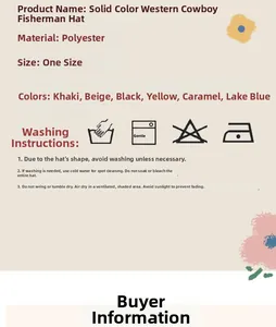 Detailed size specifications and care instructions for polyester outdoor sun fisherman hats