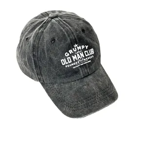 Vervaagde zwarte denim honkbalpet met Grumpy Old Man Club print voor heren en dames uniseks