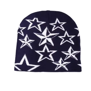 Classic dark blue beanie with white star jacquard pattern for winter warmth