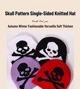 Detail of Y2K gothic skull and crossbones jacquard patterns on knitted beanies