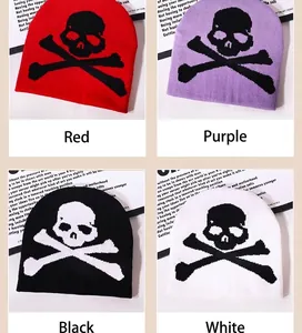 Detail view of four color options for the Y2K gothic skull jacquard knit beanies