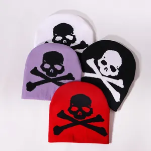 Y2K gothic skull jacquard beanies in white, purple, black and red for outdoor warmth