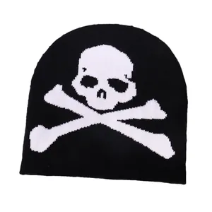 Y2K gothic black beanie featuring white skull and crossbones knitted jacquard pattern