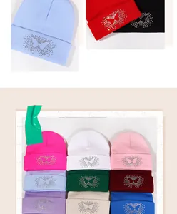 Detailed knit texture and sparkling butterfly rhinestone design on colorful beanies
