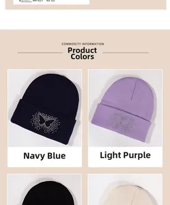 Detail view of butterfly rhinestone patterns on navy and purple knit beanies