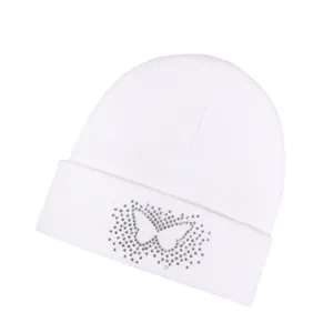 White knitted beanie with sparkling rhinestone butterfly decoration for stylish winter wear