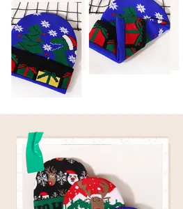 Detailed macro view of festive Christmas jacquard knit beanies with holiday patterns