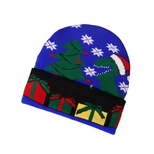 Navy blue Christmas knit beanie with holiday dinosaur and snowflake jacquard pattern