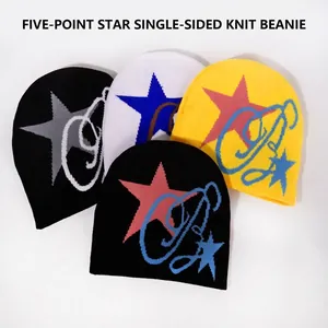 Y2K Star Pattern Knit Beanie For Men Women Streetwear Punk Style Winter Warm Acrylic Slouchy Skull Cap Outdoor Sport Hat