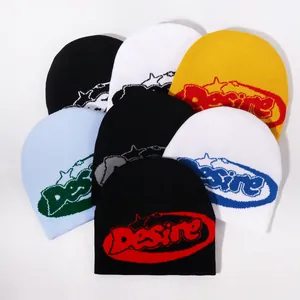 Knitted beanies with Desire letter jacquard patterns in various colors like black and blue