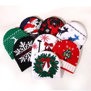 Cozy knit Christmas beanies with festive jacquard snowflake and reindeer patterns