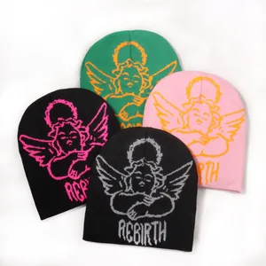 Jacquard knit beanies with angel pattern and REBIRTH text in green, pink and black colors