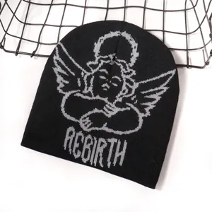 Winter knit beanie featuring a grey angel and REBIRTH text on a black ribbed surface