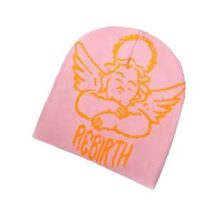 Pink jacquard knit beanie for winter with orange angel motif and REBIRTH text