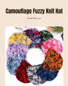 Detailed collection of colorful camouflage knit beanies in soft fuzzy fleece fabric