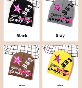 Detail view of jacquard knit beanies in black, grey, coffee, and yellow with star embroidery