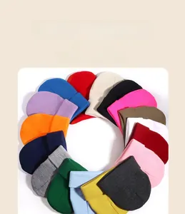 Collection of colorful knitted beanies arranged in a circle showing various solid colors