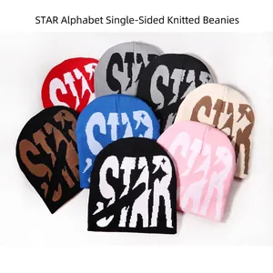 Bonnet en Maille STAR Jacquard Unisexe Acrylique Chaud Hiver Streetwear Hip Hop Décontracté Sans Bord Bonnet Doux