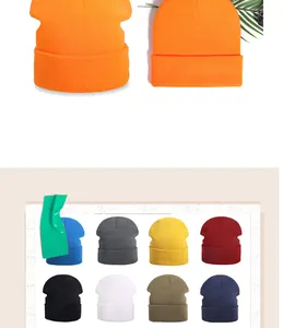 Collage of ribbed knit beanies in vibrant colors including orange, blue and green