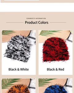 Detail view showing four camo shaggy knit beanie colors on a rustic wooden background