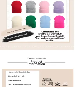 Detail guide of acrylic knit beanies in 8 colors with size specs and washing symbols