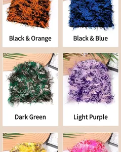 Detail view of camouflage knit beanies in black, orange, blue, and purple color options