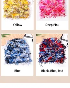 Detailed view of colorful knit tassel accessories in yellow, deep pink and blue shades