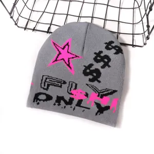 Unisex grey jacquard knit beanie with pink star and FLY ONLY graphic for winter outdoor