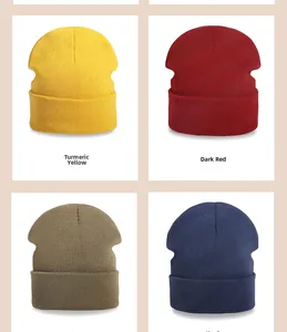 Detail view of acrylic knit beanies in ginger yellow, jujube red, khaki, and navy blue colors