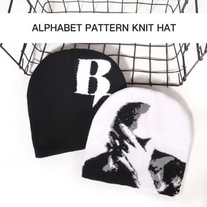 Bonnet en Tricot Jacquard Unisexe en Acrylique Hiver Chaud Streetwear Hip Hop Skull Cap Lettre B Portrait pour Hommes Femmes