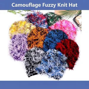 Camouflage Shaggy Knit Beanie Warm Winter Streetwear Hip Hop Personalized Fluffy Acrylic Universal Hat For Men Women
