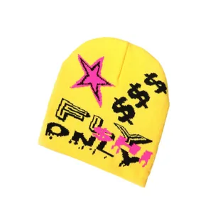 Lemon yellow jacquard knit beanie featuring pink star and FLY ONLY street graffiti design