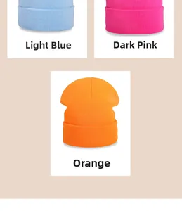 Detailed knit texture of classic cuffed beanies in light blue, deep pink, and orange colors
