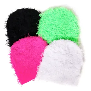 Camouflage style plush knit beanie hats for winter warmth, set of four assorted colors