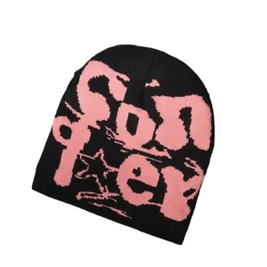 Streetwear knitted beanie in black and pink with jacquard star and letter patterns
