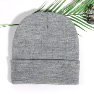 Classic light grey acrylic knit beanie with folded cuff shown with natural palm leaf props