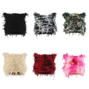 Women Cat Ear Shaggy Beanie Hat Distressed Fuzzy Knit Warm Winter Outdoor Streetwear Harajuku Punk Style Headwear