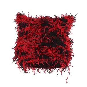 Fuzzy cat ear knit hat in red and black with distressed tassels for winter warmth