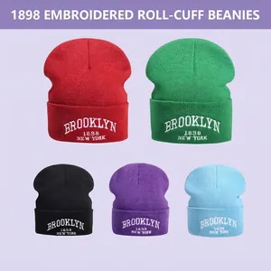 Women Men Winter Warm Knit Beanie Hat With Brooklyn 1898 New York Letter Embroidery Soft Acrylic Cuffed Skull Cap Outdoor