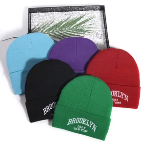 Brooklyn 1898 New York embroidered knit beanies in five assorted autumn colors