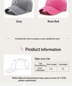 Size chart showing 58cm adjustable circumference for bow embroidered denim baseball cap