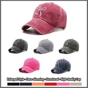 Bowknot Embroidered Washed Polyester Baseball Cap For Women Vintage Adjustable Sun Protection Soft Top Duck Tongue Hat Casual Outdoor Accessory