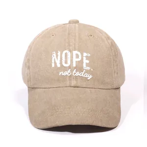 Vintage washed khaki baseball cap featuring white NOPE not today embroidery