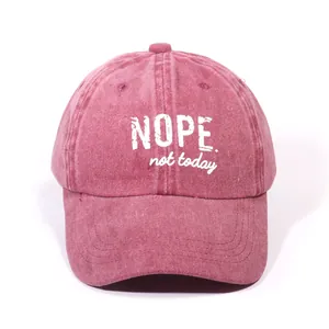 Vintage washed red baseball cap featuring white NOPE not today embroidery on cotton fabric