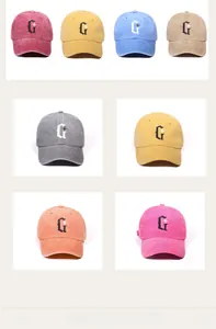 Detailed grid view showing eight vintage washed cotton baseball caps in various vibrant colors